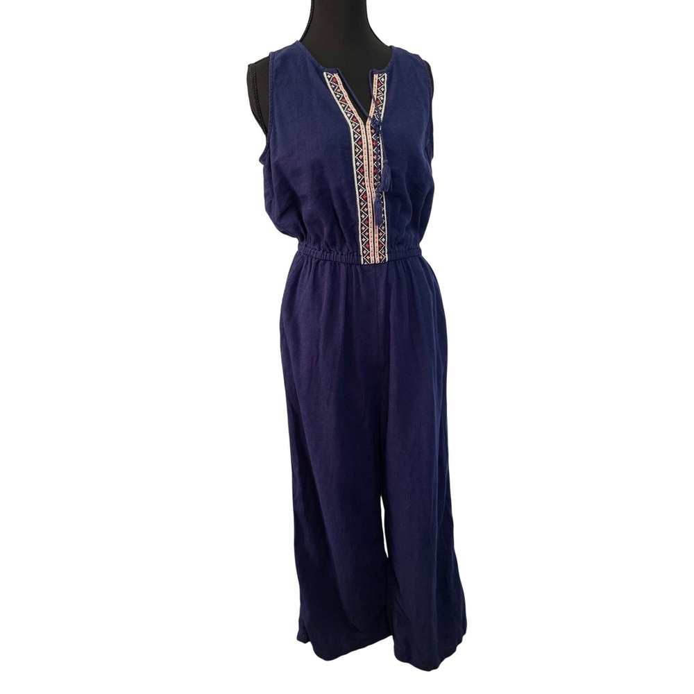Old Navy Women Navy Blue Linen Blend Jumpsuit Embroidered V Neck Elastic Wais XS